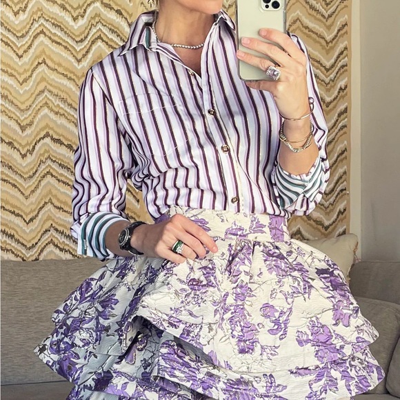 Buru Tops - Buru Mel Mixed Button Down Lilac and Gold Stripe BNWT 2X